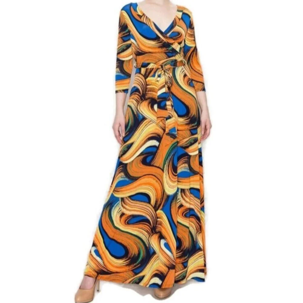 Janette Fashion Sunsets and Waves Faux Wrap 3/4 Sleeve Long Maxi Dress - Picture 2 of 4